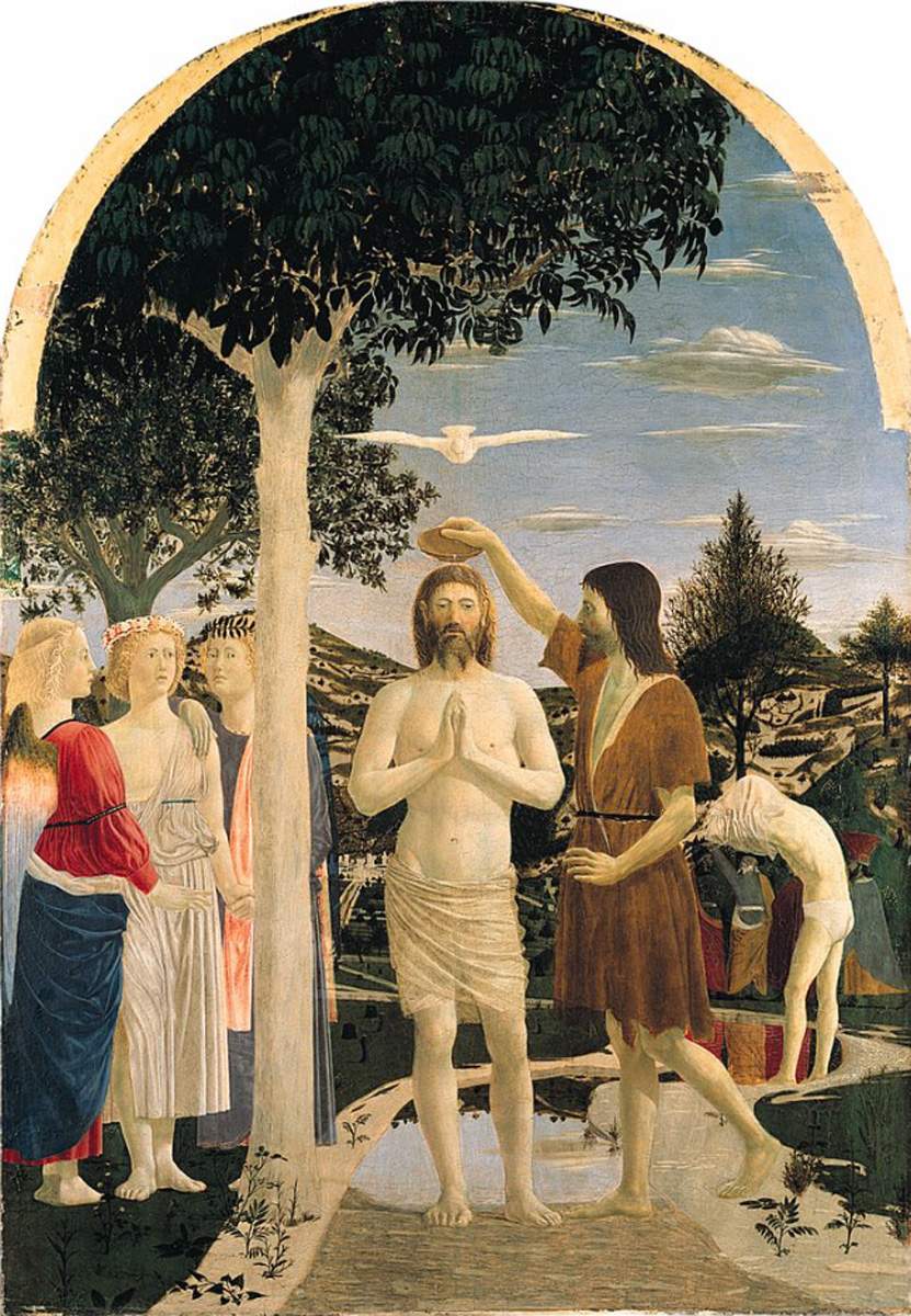 London National Gallery Top 20 01 Piero della Francesca - The Baptism Of Christ Piero della Francesca - The Baptism of Christ, 1440-45, 167 x 116 cm. This painting of Jesus being baptized by John the Baptist was voted #9 in the 2005 BBC Greatest Painting in Britain Poll. A line from the apex of the arched top runs through the beak of the foreshortened white dove of the Holy Spirit, through the trickle of water from the equally foreshortened bowl held by John, its rim catching the sunlight, down the middle of Christs face, and through his reverently clasped hands, ending in the heel of his right foot, on which his weight is supported. The three angels on the left wait to dry and clothe Christ, while to the right of John, a man preparing to be baptized gets undressed. The landscape reveals Piero as a master of spatial depth, as evidenced in the river Jordan winding its way into the background and mirroring the landscape around it.